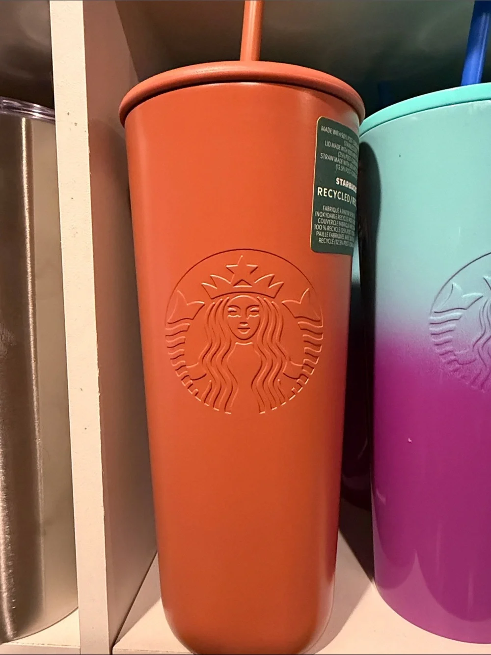 Starbucks Matte Orange Reusable Tumbler with Raised Logo and Straw